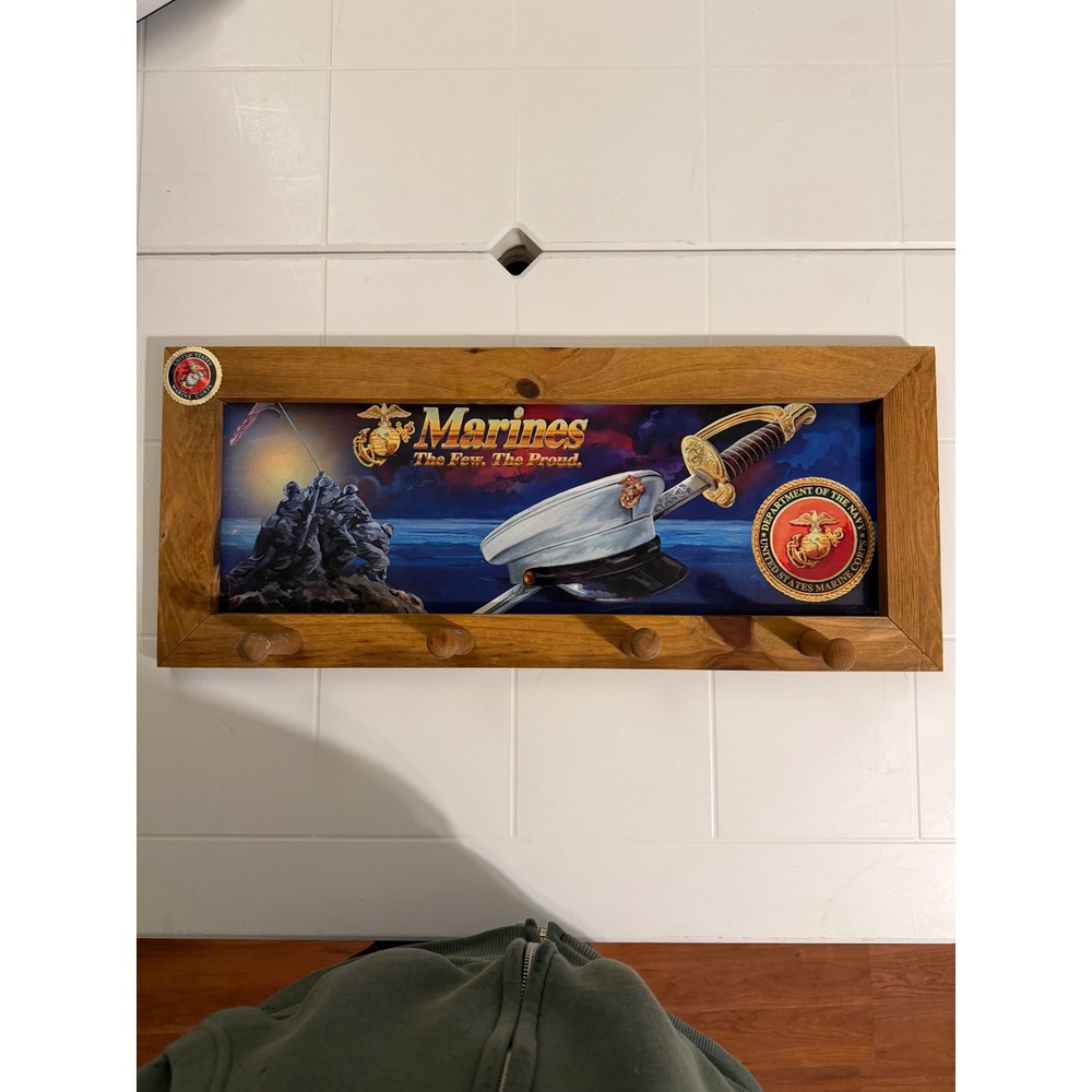 US Marine Corps Wooden Wall Coat Rack 4 Pegs Iwo Jima The Few The Proud Decor